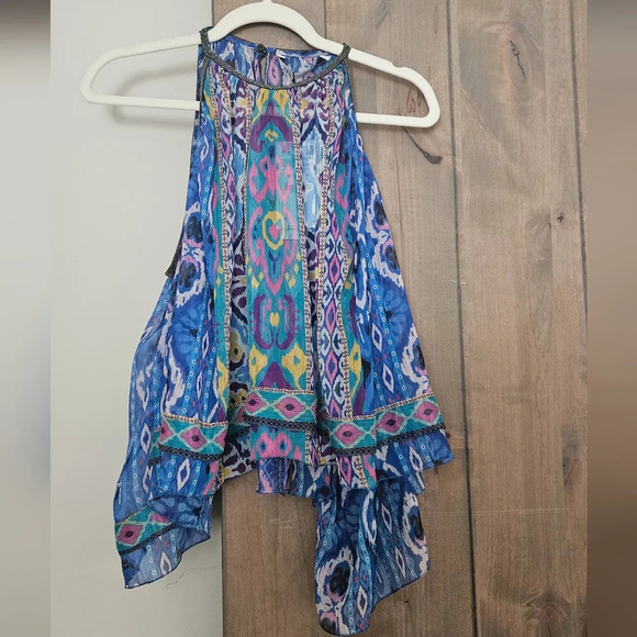 ZARA Multi colored Aztec print Asymetrical swing halter beaded top. Size L NWT - Picture 9 of 16